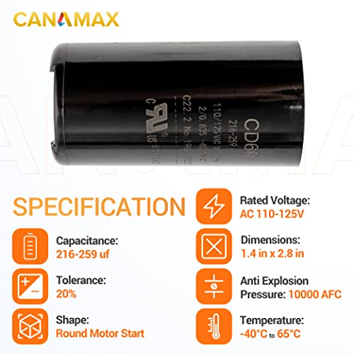 Canamax 216-259 Uf/Mfd 110-125V Round Start Capacitor - Replacement For Ac Motor Run Or Fan Start And Cool Or Heat Pump Air Conditioner - Lot -1 #TOP2