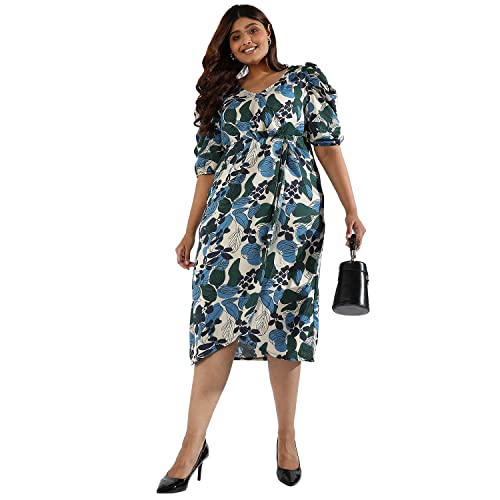 Image of Instafab Plus Women's Multicolour Printed Midi Length Short Sleeve Regular Fit Wrap Dress for Casual Wear | Modern Clothing Dress Crafted with Comfort Fit for Everyday Wear, 3XL