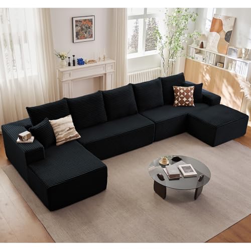 Image of Lakifun 166.9 inch L-Shape Sofa with Ottoman, Modern Modular Sectional Comfy U-Shape Cloud Couch, Deep Seat, Upholstered Corduroy Sleeper Chaise Longue for Living Room Bedroom, No Assembly Required, Black