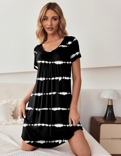Image of Ekouaer Sleep Shirts for Women Short Sleeve Nightshirts Pleated Nightgowns Loose Fit Night Dress Soft Sleepwear Tie Dye Black L
