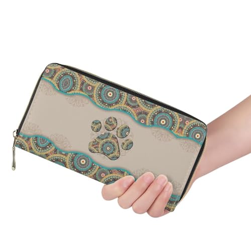 Poceacles Boho Mandala Dog Paw Print Leather Wallet Change Purse for Women Men, Zip Closure Money Key Phone Organizers Case3