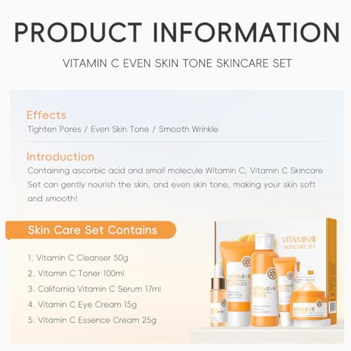 XTJXTJ Vitamin C Skincare Set, Complete Face Care Kit with Cleanser, Toner, Serum, Eye Cream and Face Cream