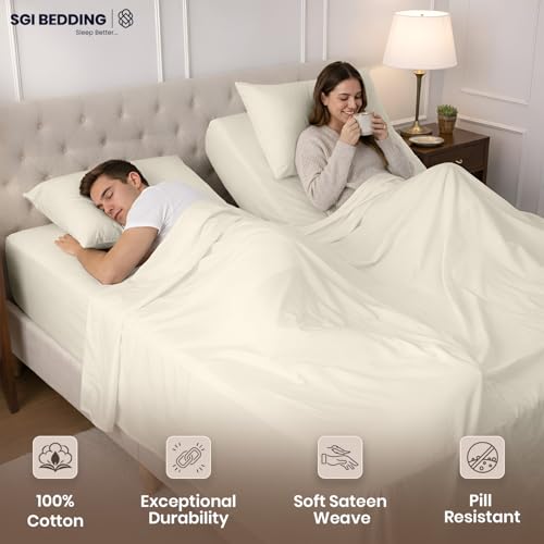 Image of SGI Split King Sheet Set for Adjustable Bed Egyptian Premium Cotton 600 Thread Count Sheets for Sleep Number Bed 15 inch Deep Pocket 5 Pc Set with 2 Twin XL Fitted Sheets Soft Breathable -Ivory
