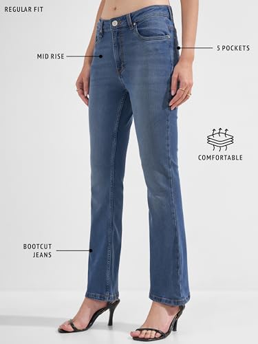 Image of Tokyo Talkies Women Blue Solid Mid Rise Bootcut Jeans