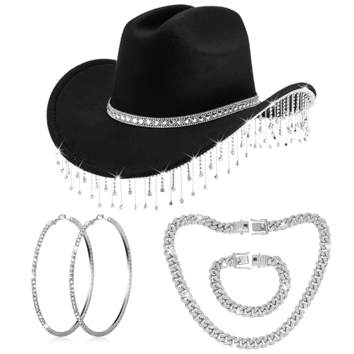 Hercicy Cowgirl Outfit for Women Rhinestone Cowboy Hat with Bling Cuban Link Chain Necklace Bracelet Circle Earring(Black)