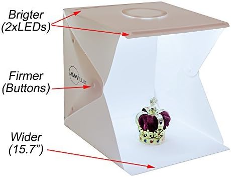 AWLux (Lighting Deal) 16"x16" Portable Light Box (softbox), Mini Photo Studio (Photo Box), Studio Lighting (Photo Tent), with 2 LED Lights, 4 backdrops, Button Design, and Better Working Size