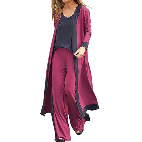 Mujeres Casual Color Splicing Clashing Color Chaleco Sin Mangas Manga Larga Chaqueta Chaqueta Pantalones Conjunto de Tres Piezas Elegante Monos para Mujer Fiesta de Noche, rosso, L