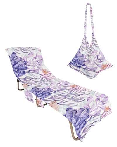 Coastal Nautical Beach Lounge Chair Towel Cover, Soft Chaise Lounge Towel with Side Pockets Patio Pool Chairs Cover for Beach/Pool Sunbathing 29x85 summer Beach Purple Pink Coral Starfish