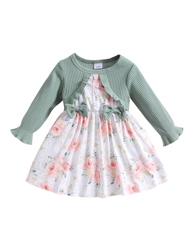 puseky Baby Mädchen Kleid für 6-9 Monate Blumendruck lange Ärmel Bogen Spleißen Kleid Baby Mädchen Prinzessin Kleid für Hochzeit Geburtstag Party