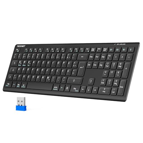 TECKNET Bluetooth Tastatur Kabellose, Wiederaufladbare Multi-Device Flach Keyboard mit Einfacher bis zu 4 Geräte, Ultraflache, Deutsches Layout (QWERTZ), für Mac, Windows, iOS, Chrome OS Schwarz