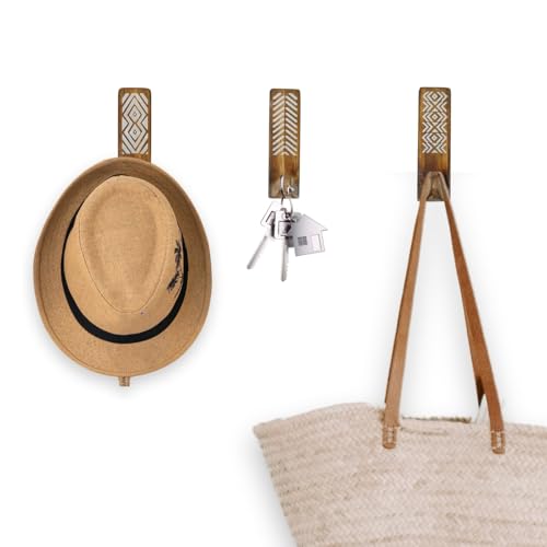 Plaza7bis Percheros Pared Estilo Rústico Juego de 3 Perchero Pared Madera Originales Boho Chic Colgadores Adhesivos Resistentes o Fácil Instalación con tornillos adecuado para cualquier Estancia
