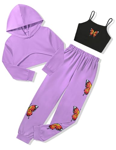Image of Gaupafmb Girls Clothes 3PC Tie-dye with Butterfly Print Hoodie Sweatshirt Butterfly Print Cami Tops Sweatpants Girls