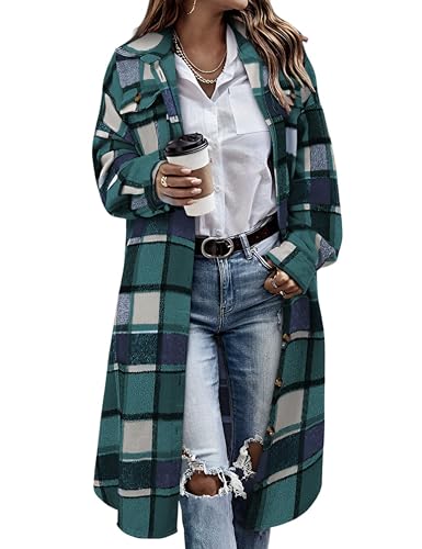 Himosyber Women's Casual Plaid Lapel Woolen Button Up Pocketed Long Shacket Coat