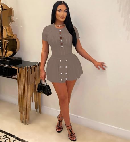 Image of Two Piece Outfits for Women Summer Going Out Knit Crop Tops Pleated Mini Skirt Sets Short Sleeve Mini Dress