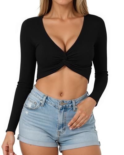CLOZOZ Long Sleeve Twist Front Crop Top Ribbed V Neck