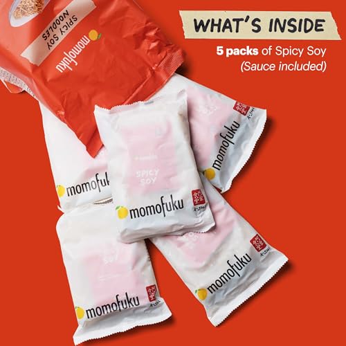 Momofuku Spicy Soy Ramen Noodles by David Chang, 5 Count (Pack of 1) Air-Dried Vegan Instant Noodles with 11g of Plant Based Protein