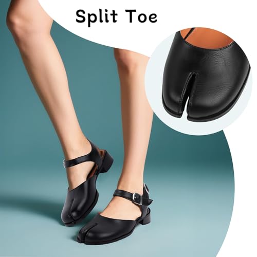 Black Split Toe Pumps For Women Tabi Flat Sandals With Buckle Strap Fashion Slingback Falts Comfortable Chunky Heel Dress Shoes For Casual Office Walking2