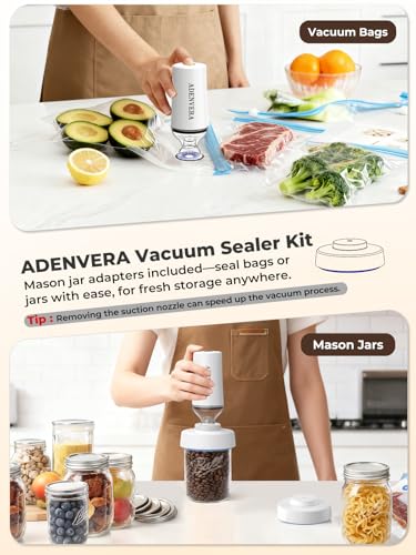 ADENVERA Compact Vacuum Sealer for Food — Electric Mason Jar Vacuum Sealer Kit & Handheld Sealer with 10 Reusable Bags & 10 Mason Jar Lids, Portable Rechargeable, Smart Auto-Stop, White — view 3