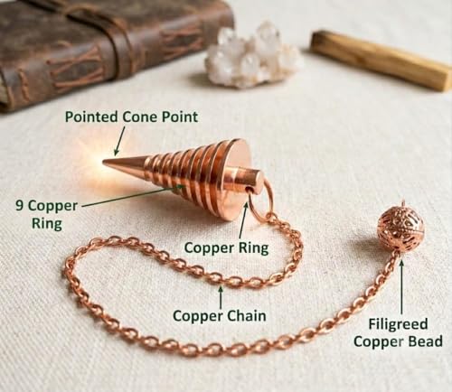 Image of 9 Ring Coil Spiral Copper Pendulum for Reiki Healing, Dowsing & Chakra Balancing - Designer Cone Divination Tool for Meditation