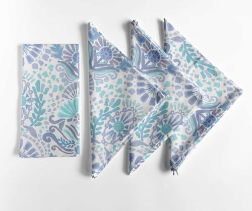 Vargottam Nature-Inspired Boho Print Cotton Napkins - Set of 12, 20x20 Inches, Soft Blue & Aqua Hand-Block Linens for Coastal, Serene & Elegant Outdoor Dining, and Home Décor - Machine Washable