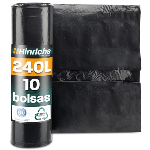 Hinrichs Bolsas de basura extrafuertes de 240 l, rollo de 10 unidades, bolsas de basura XXL, 100 x 125 cm, LDPE, eliminación de basura perfecta para el hogar, jardín, comercio, construcción, 10 bolsas