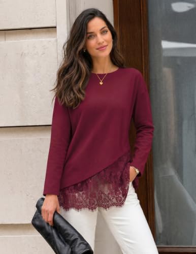 MEROKEETY Women's Long Sleeve Tops Fall Lace Patchwork Shirts, Burgundy, L — view 2
