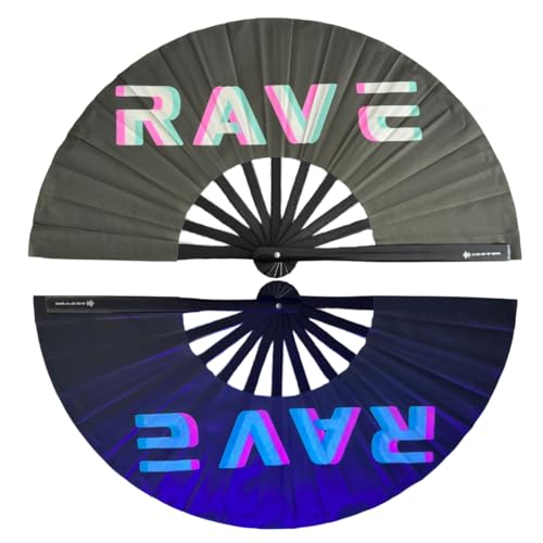 Generisch Éventail Rave - Éventail à main XXL - L'accessoire indispensable pour la Rave Techno et les festivals : éventail solide en bois de bambou noir pliable et grand (brillant UV 27 cm)
