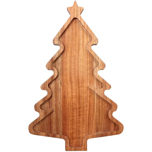 Gtencemen Acacia Wood Christmas Tree Tray - Decorative Serving Platter, Festive Plate, Xmas Dish & Wooden Charcuterie Board for Holiday Gift, Cheese, Fruit, Veggie & Cookie, Food, Snack, 16” x 10”
