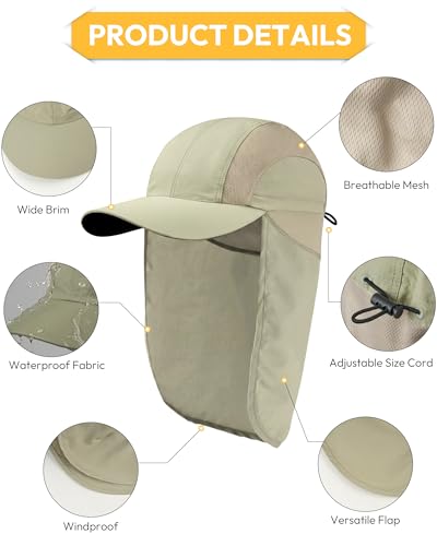 Image of Mens Sun Hat with Breathable Mesh Sun Hats for Men Sun Protection Fishing Hat with Neck Flap for Hiking Cycling