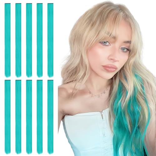Sofeiyan 10 Pcs Colored Hair Extensions Party Highlights Colorful Clip in Hair Extensions 22 Inch Straight Synthetic Hairpieces for Women Kids Girls Halloween Christmas Cosplay, 10pcs Turquoise