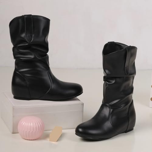 DINTAHA Womens Slouch Flat Boots Mid Calf Flat Boots Low Heel Fall Slouchy Cowgirl Boots3