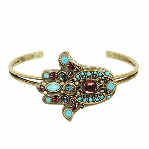 Handmade (USA) Turquoise and Purple Intricate Hamsa Cuff Bracelet. One Size Fits All. Gold Plated.