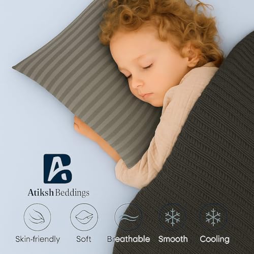 Image of Atiksh Beddings 12x16 Toddler Travel Pillow Cases, Pack of 2, 100% Egyptian Cotton, 600 Thread Count, Zipper Closure, Small Pillowcase for Kids, Daycare, Preschool & Travel, Dark Grey Stripe