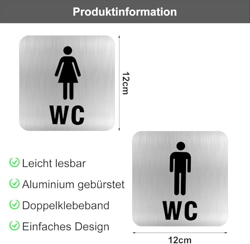 2 Stück WC Schilder selbstklebend aus Edelstahl – Türschilder für Damen und Herren – Toilettenschild Aufkleber für Gäste-WC, Bad, Restaurant, Büro