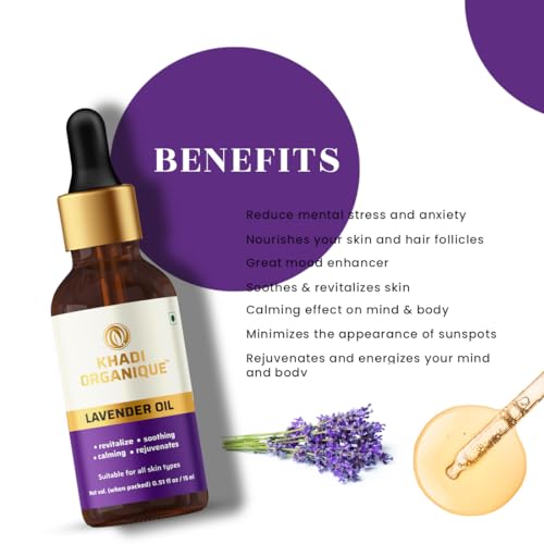 Image of Khadi Organique Lavender Essential Oil | 100% Pure & Natural Oil for Hair Growth, Stress Relief & Glowing Skin | Soothing Aromatherapy & Massage Oil For Body | Helps in Meditation & Relaxation - 15ml