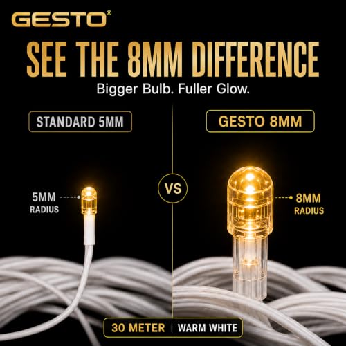 Image of Gesto 30 Meter LED String Lights - Warm White 8mm Big Led Fairy Lights for Decoration | 360 Glow Waterproof Copper Wire Lights for Home Decor Balcony Outdoor Christmas & Diwali Decoration- Pack of 10