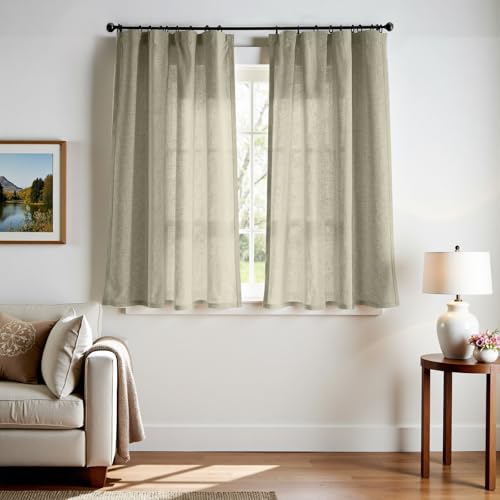 jinchan Linen Curtains Sage Green Semi Sheer Curtains 63 inch Length for Living Room Bedroom Neutral Farmhouse Cottage Core Home Office Light Filtering Privacy Drapes Rod Pocket Back Tab 2 Panels