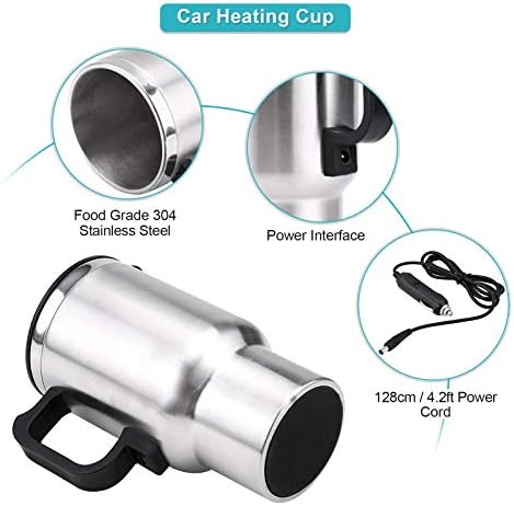 Car Heating Cup, Stainless Steel Travel Heating Cup, Electric Heated Coffee Mug for Heating Water, Coffee, Milk and Tea with Charger, 450ml, 12V