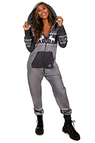 Tipsy Elves' Women's Black and Grey Moose Jumpsuit - Cozy Holiday Onesie Size Large