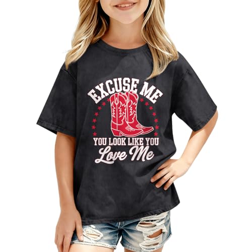 Weripoah Western Cowgirl Shirts for Girls High Boots Letter Print Tshirt Rodeo Country Shirt Cowboy Graphic Acid Wash Tees(Black 150)