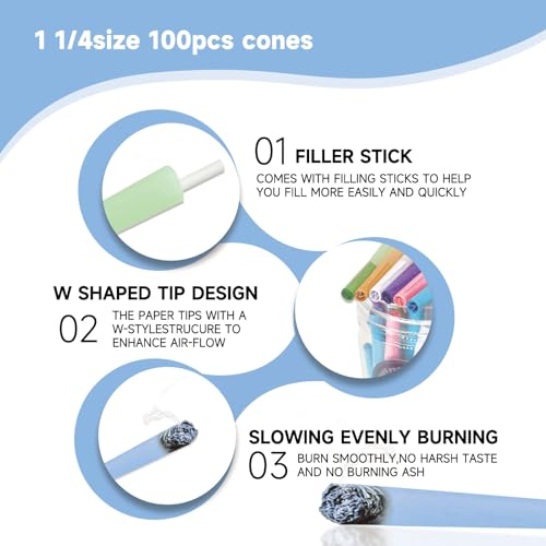 100 PACK Colorful Pre Rolled Cones| King Size Rolling Paper Cone with Loader and Packing Sticks - Image 6