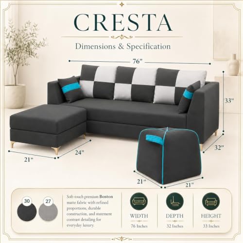 Image of FURNY Signature Cresta 5-Seater L-Shape Sofa Set with Movable Ottoman & Suri Pouf | Flexible LHS /RHS Layout | Boston Fabric | 40D Foam + Zigzag Spring | 3-Yr Warranty (Ash Grey - Light Grey)