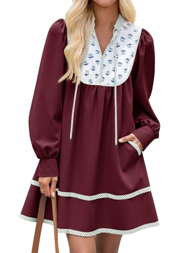 Image of Wenrine Womens Casual Floral Mini Dress Fall Long Sleeve V Neck Patchwork Loose Boho Shirt Dresses