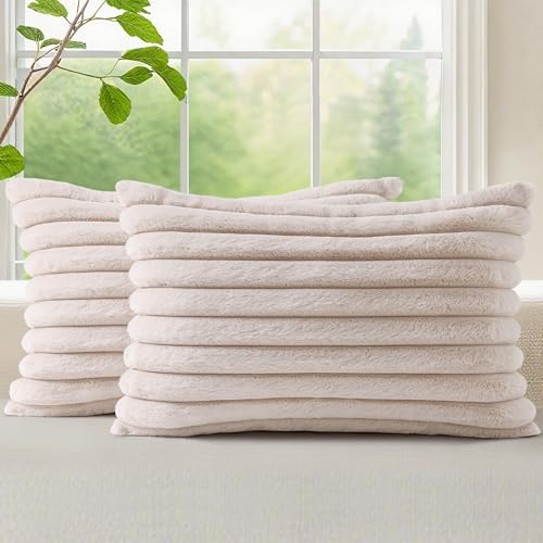 Image of decorUhome Fall Cozy Faux Fur Throw Pillow Covers 12x20 Set of 2 Decorative Soft Plush Striped Lumbar Modern Farmhouse Boho Couch Pillow Cases with Velvet Back for Sofa Bed Living Room, Beige