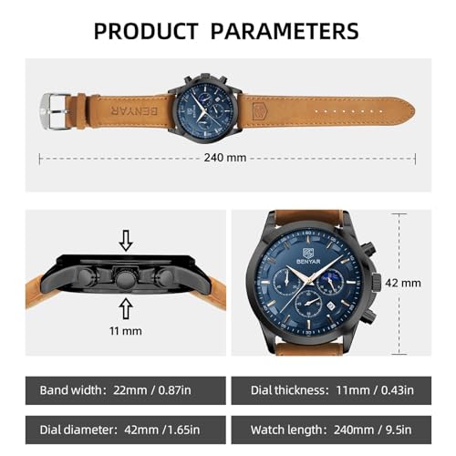 by BENYAR Men's Chronograph Waterproof Luminous Date Watches Stainless Steel Bracelet Large Dial Classic Business Fashion Analogue Quartz Watches Elegant Gift for Men, Brown Black Blue, Men, Casual by BENYAR - Used condition - Image 7