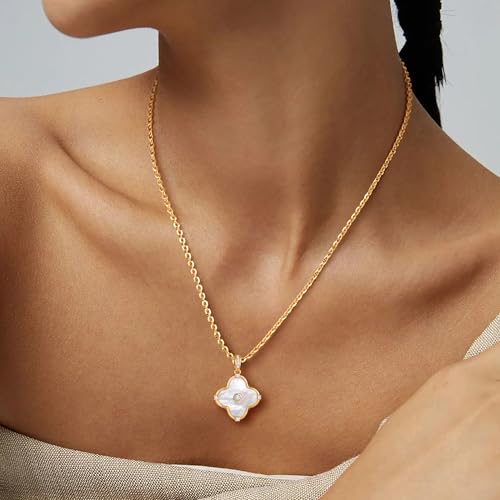 OSIANA Reversible Clover Necklace for Women 14K Gold Plated Natural Stone Four Leaf Pendant Necklaces Lucky Charm Jewelry4