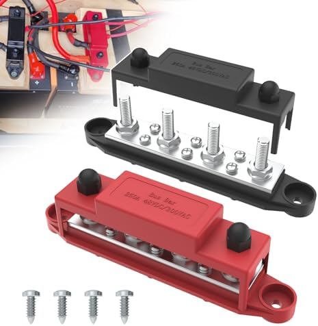 Upgraded Bus Bar 250A 12V Power Distribution Block with 5/16" (M8) 4-Posts Terminals Block with Cover for Automotive, Marine, Battery System (Black & Red)