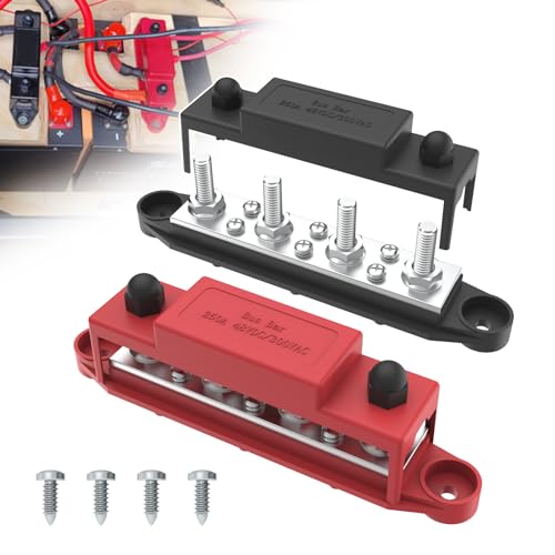 Ulepszony blok dystrybucji zasilania 250 A 12 V z 4-biegunowymi zaciskami 5/40.6 cm (M8), blok zacisków z pokrywą, do motoryzacji, morskiego, systemu akumulatorowego (czarny i czerwony)
