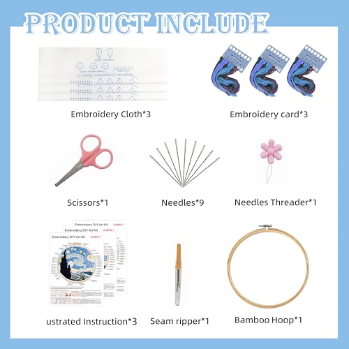 Image of KEKEMEOW 3 Sets Embroidery Kit for Beginners, Stitches with Starry Sky Patterns, Embroidery Stitch Practice kit for Adults Craft Lover, Needlepoint Hand Embroidery Kit with Pattern、Instruction、Hoop
