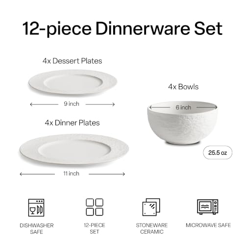 MIAMIO - 12-Piece Dinnerware Set, 4x Dinner Plates (28 cm), 4x Breakfast Plates (23 cm), 4x Bowls (750 ml), 12-Piece Set for 4 People - Microwave and Dishwasher Safe - Oasis Collection (White) by MIAMIO - Used condition - Image 3